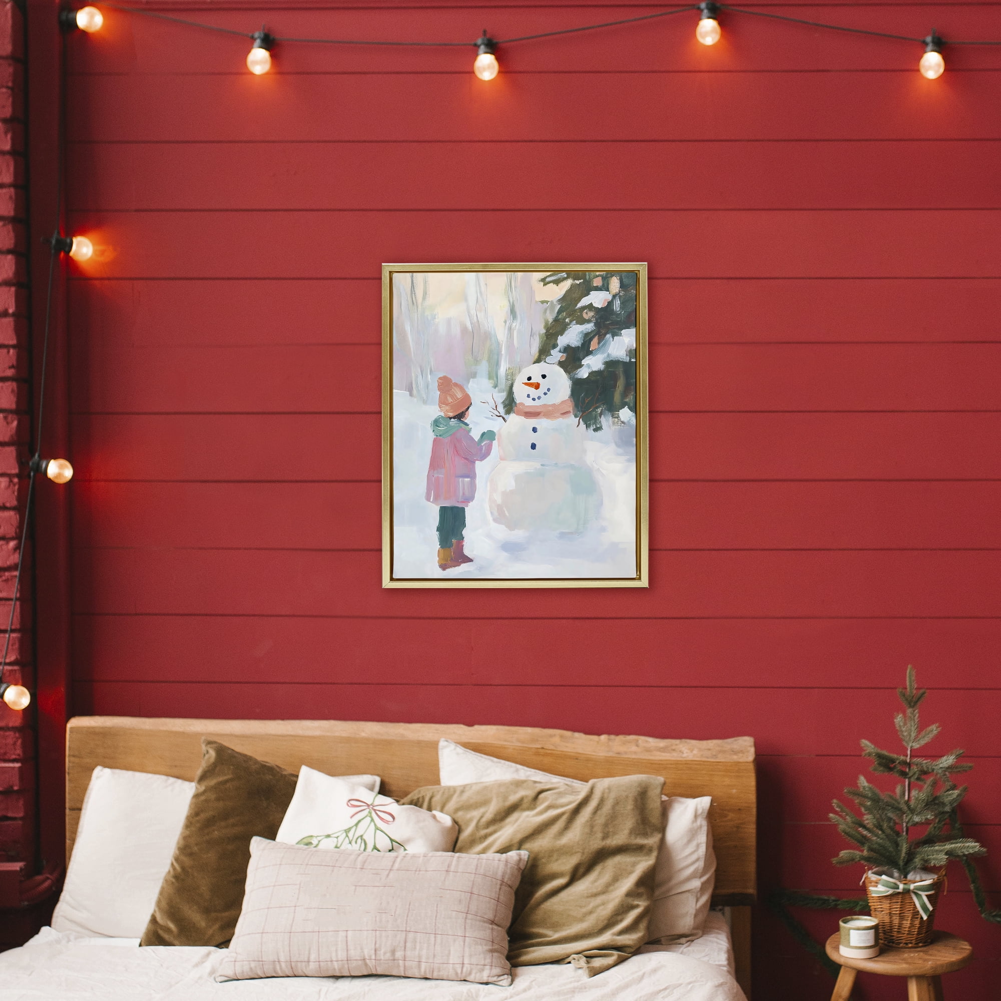 Stupell Industries Girl & Snowman in Winter Gold Framed Floater Canvas Wall Art, design by The Prints Vibe