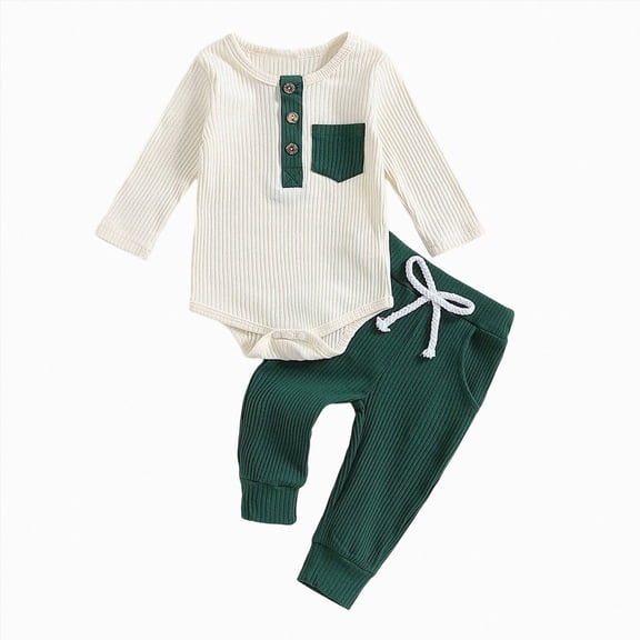0-3 Months Newborn Boys Pocket Bodysuit and Pants Set,Long Sleeve Ribbed Outfit,Soft Newborn Clothing for Daily Wear