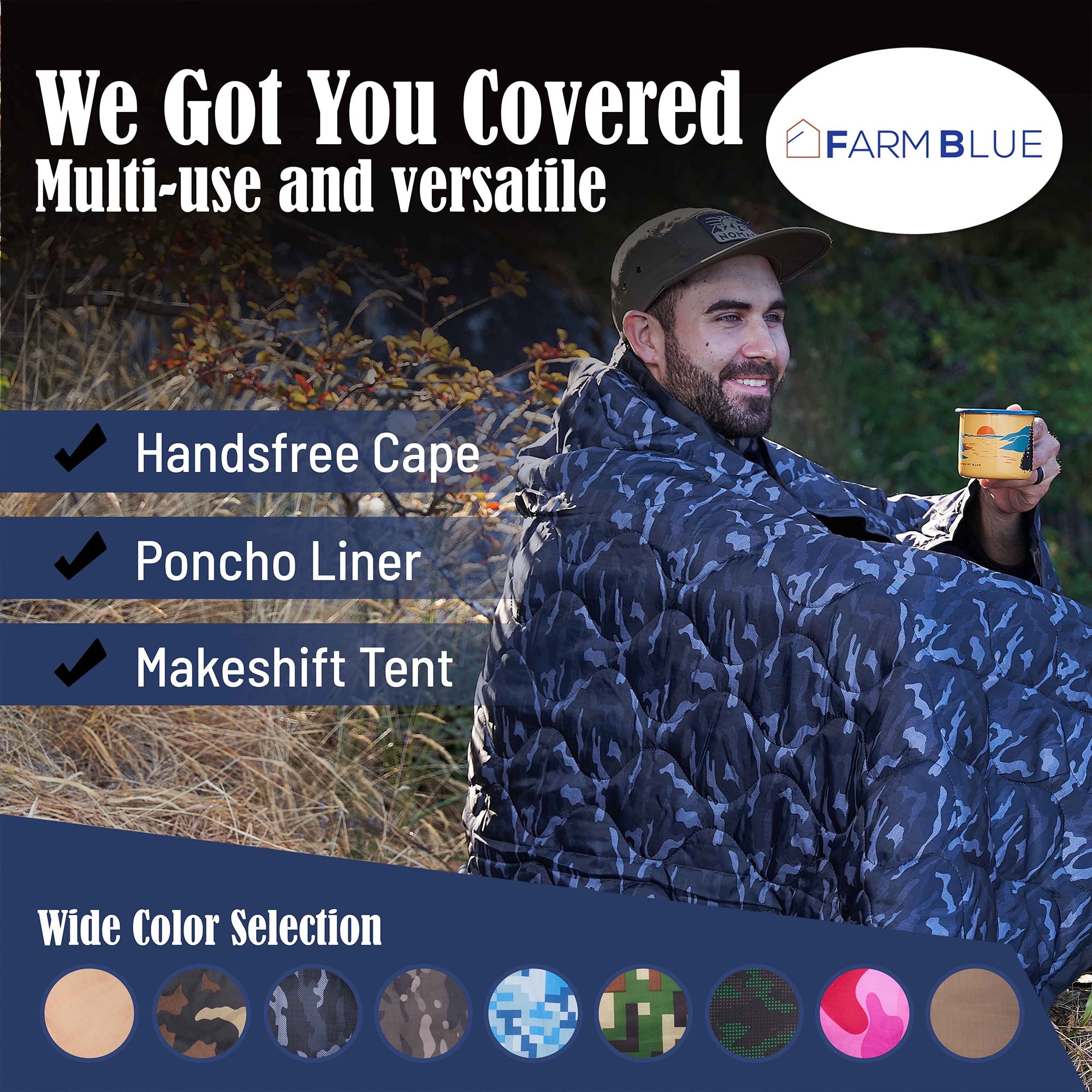 Farm Blue Camping Blankets - Light, Water-Resistant, Puffy, Travel Blanket - Camping Blanket for Hiking, Backpacking, Picnic, Beach, Car and  Sports – 82” x 57” Outdoor Survival Gear - New Black Camo