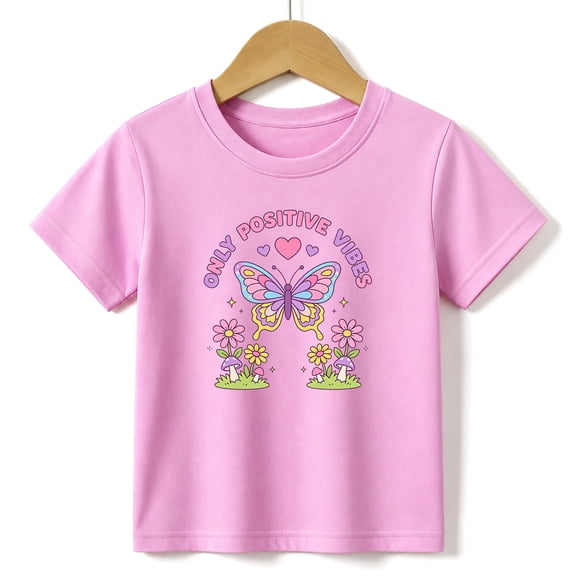 Girls Graphic Tees Butterfly Positive Vibes Kids T Shirt Cute 100% Cotton Short Sleeve Soft Tops 4-13Y Pink