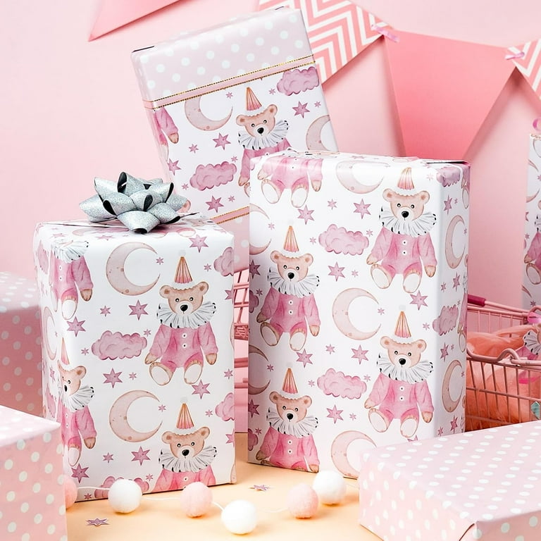 Homeral Pink Baby Shower Wrapping Paper Roll Cute Baby Bear