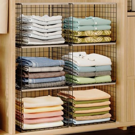 4PCS Wider Closet Organizers and Storage Stackable Closet Shelf Organizer Storage Bins with Wood Top for Sweaters Jeans Clothes Organizer Shelves for Wardrobe System Rack Space-Saving Sturdy Metal