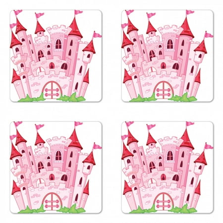 

Fantasy Coaster Set of 4 Princess Castle Fairy Tale Princess Magic Kingdom Cartoon Illustration Art Square Hardboard Gloss Coasters Standard Size Pink White by Ambesonne