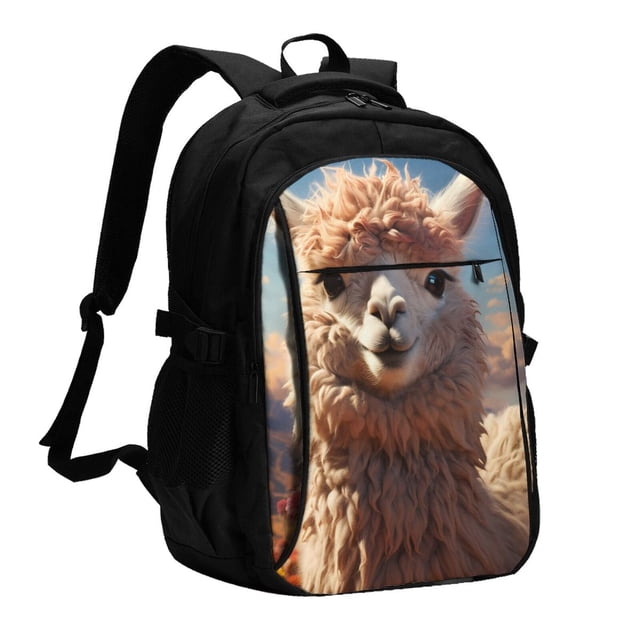 Fotbe Fluffy Alpaca Mountain Meadow Mochila con Estampado y Puerto USB para Hombre y Mujer, Mochila Antirrobo, Mochila de Viaje, Mochila Escolar, Mochila Universitaria