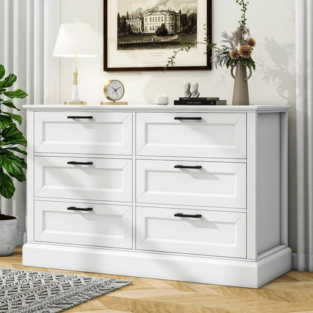 White 6 Drawer Dresser for Bedroom Modern Chest of Drawers with Deep Drawers Wood Double Dresser for Storage Clothes