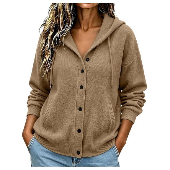 RFQWOVSR Women Oversized Button Down Hooded Sweatshirt Knit Cardigan with Pockets