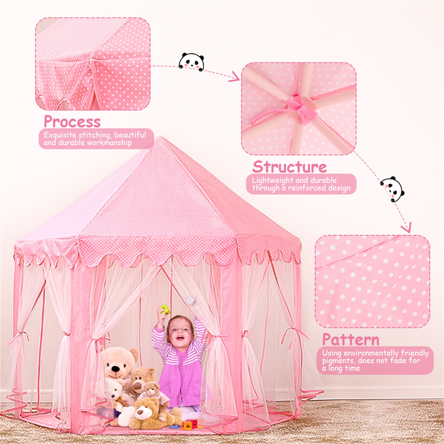 Kepooman Princess Castle Playhouse Tent for Girls with Warm Color LED Lights and Carry Bag, Toddler Kids Play Tent for Imaginative Games, Pink