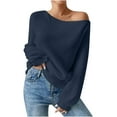 thumbnail image 2 of Aboser Off the Shoulder Sweaters for Women Cozy Cable Knit Jumper Sweater Trendy Long Lantern Sleeve Pullover Tops Loose Fits Fall Winter Knitwear Navy L, 2 of 8