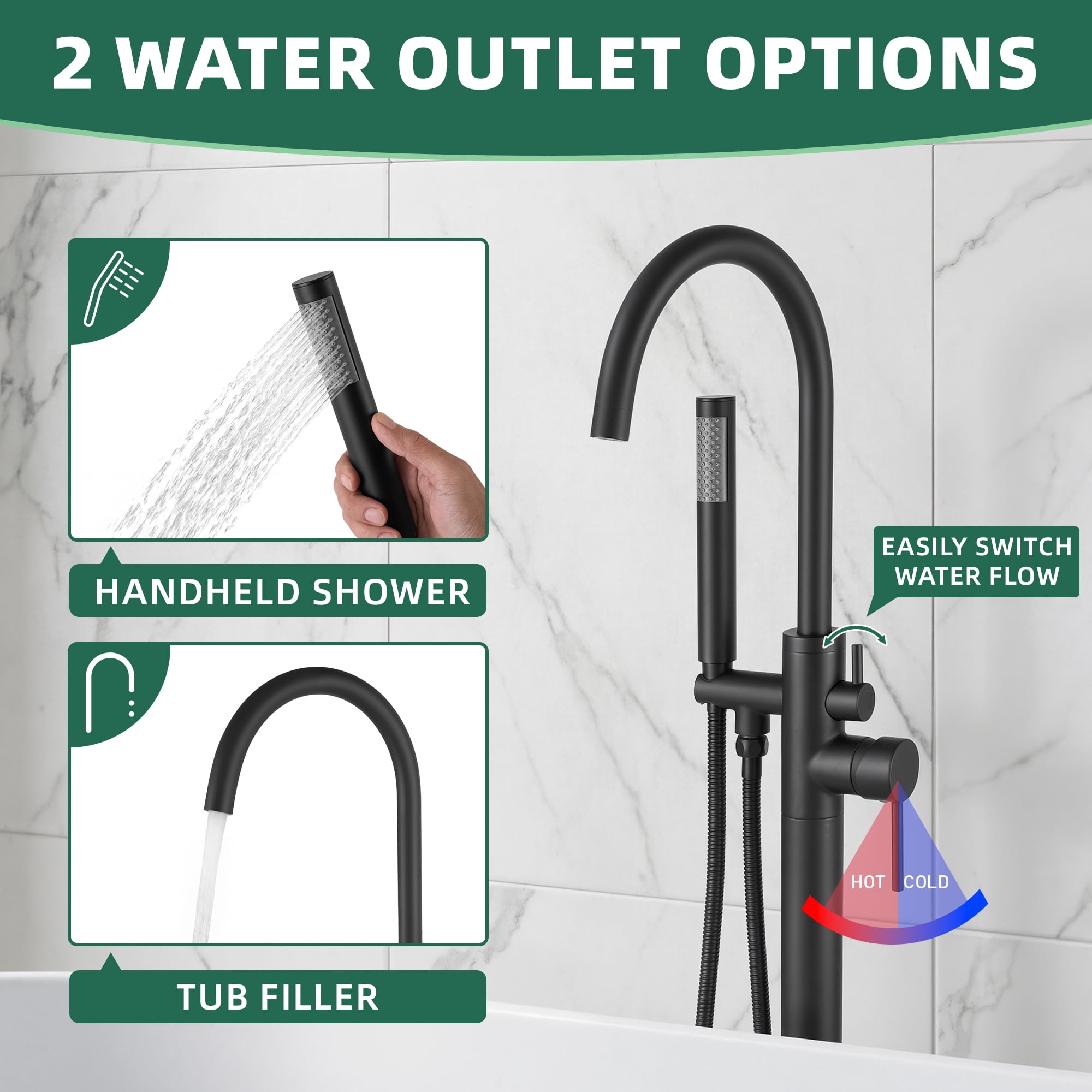 Free Standing Tub Faucet, High Flow Freestanding Bathtub Faucet with Handheld Shower & Gooseneck Spout, 360°Swivel Tub Filler, Brass Body, Matte Black