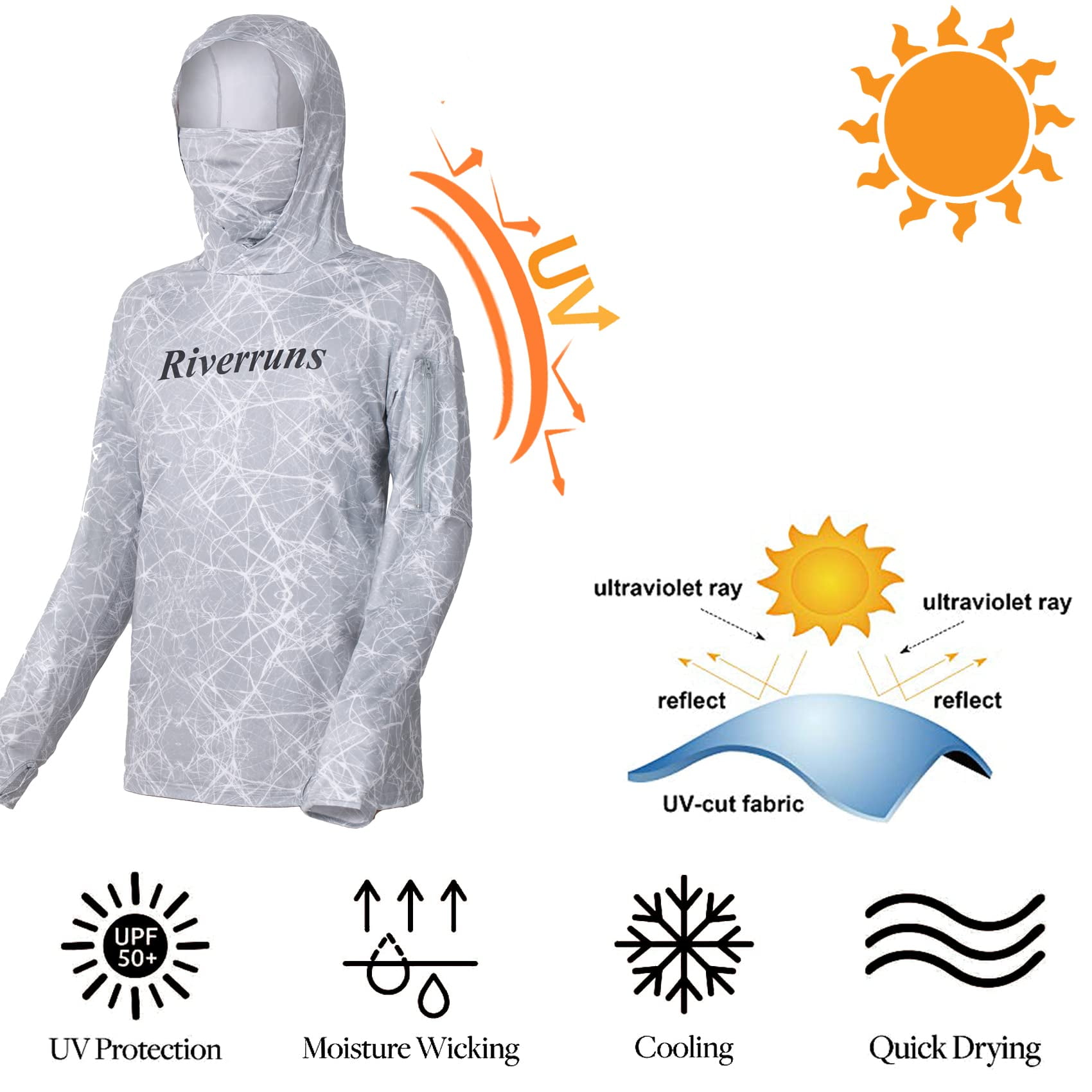Riverruns UPF 50+ Fishing Hoodie, Sun Hooded Fishing Shirt, Sun Protection Long  Sleeves Shirt for Men Fishing 