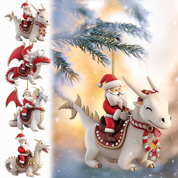 Adorno navideño acrílico 2D de Santa Claus White Dragon - Colgante plano para el árbol o la pared