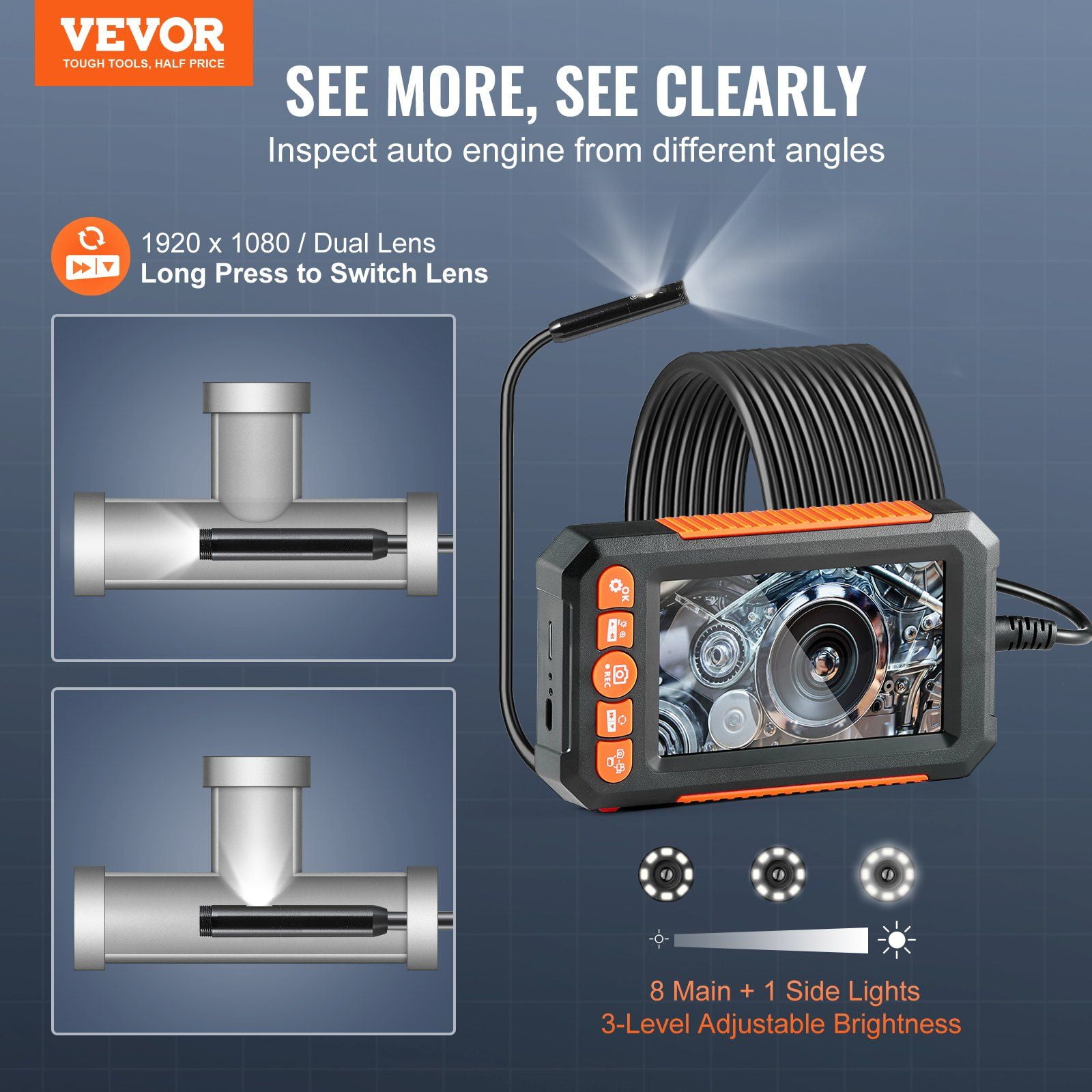 Endoscope Camera with Light Dual Lens Industrial Borescope 4.3 Inch Screen 1080P Inspection Camera 8 Plus 1 Lights 4X Zoom IP67 Waterproof Snake Camera for Auto Plumbing 16.4FT Cable 32GB Card
