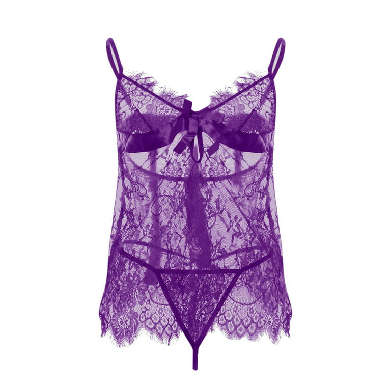 RQYYD Clearance Lace Sheer Dress Lingerie for Women Strap Mesh Babydoll V  Neck Sleepwear Sexy See Through Teddy Chemise Nightwear(Purple,XL) 