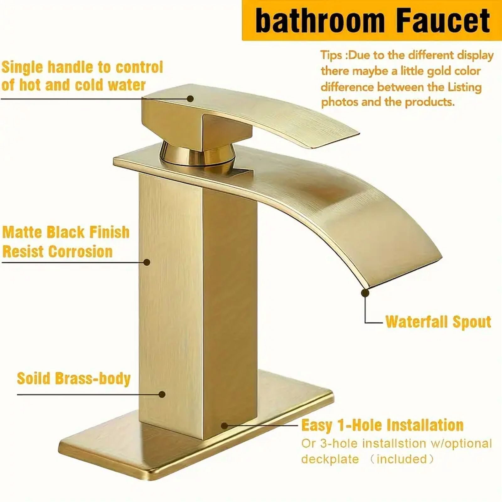 Brushed Gold Bathroom Sink Basin Faucet Single Handle Vanity Mixer Taps w/Cover