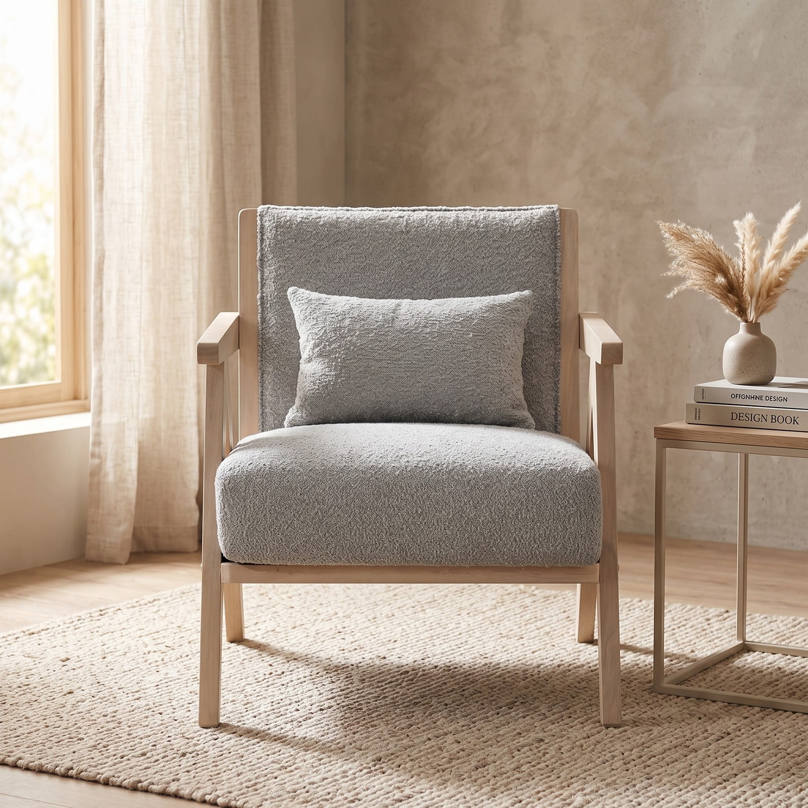 Furnibear Mid-Century Modern Accent Chair, Faux Leather Upholstered Armchair with Chenille Fabric, Rubber Wood Frame, Pocket Spring Seat, Removable Washable, Gray