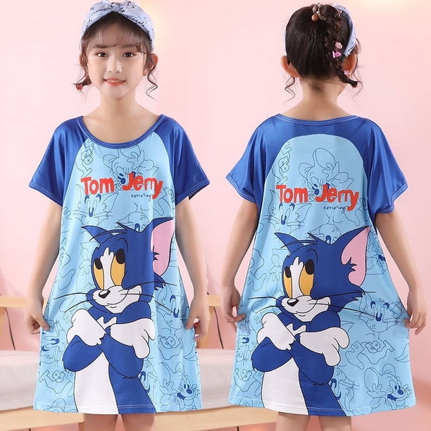 Pijamas infantiles de verano para niñas, lindos pijamas de manga corta con cuello redondo de dibujos animados, ropa de hogar holgada y delgada para niñas de talla mediana y niños mayores