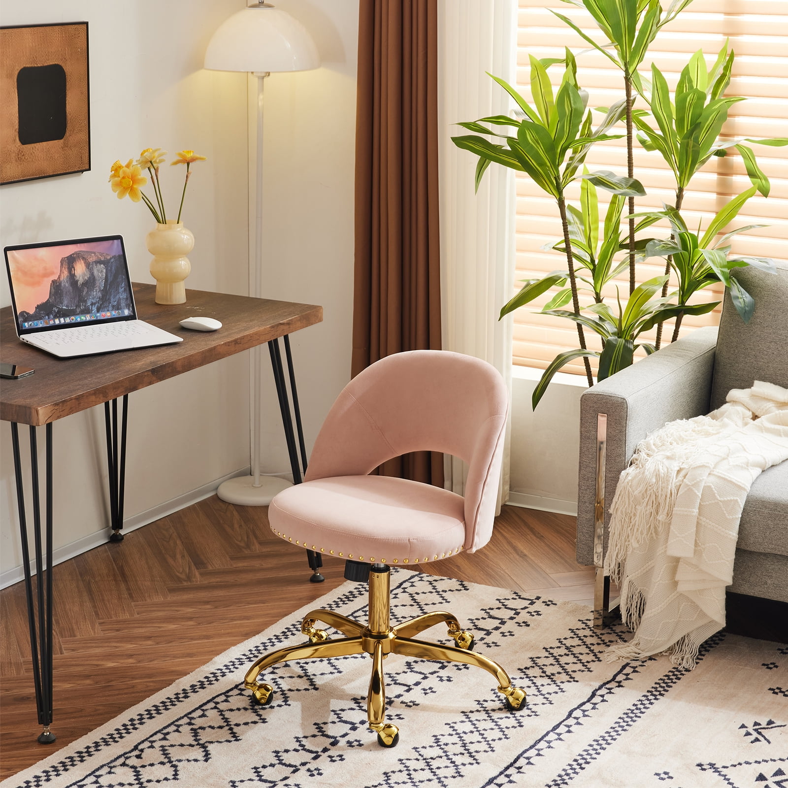 Ktaxon Office Desk Chair Adjustable Flannel Computer Task Chair Small Rolling Vanity Stool with Wheels for Study Make-up Dressing Room Pink