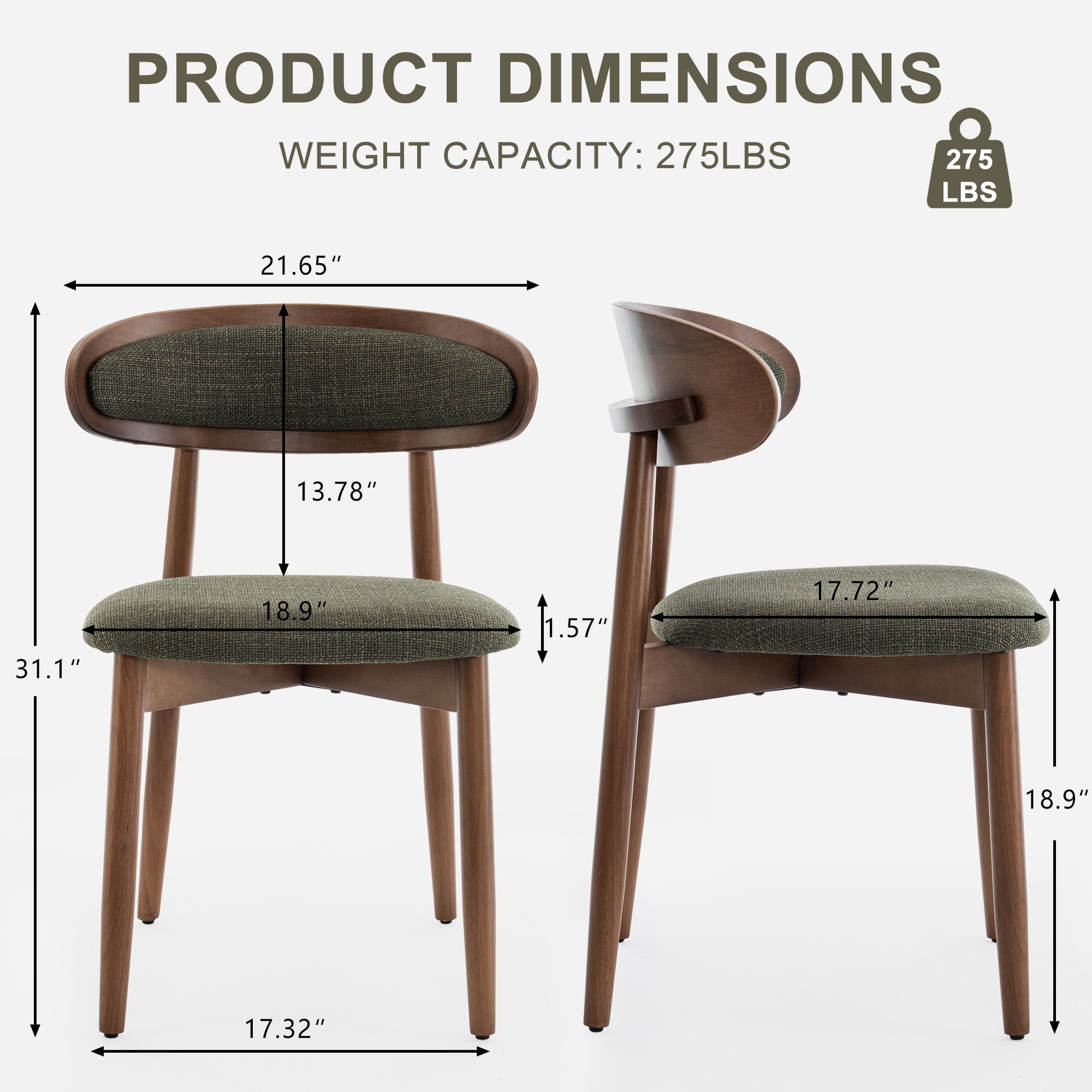 ENYLAY Mid-Century Modern Farmhouse Dining Chairs Set of 4, Armless Wooden Chairs with Upholstered Seat & Curved Backrest for Kitchen Dining Room (Gray)