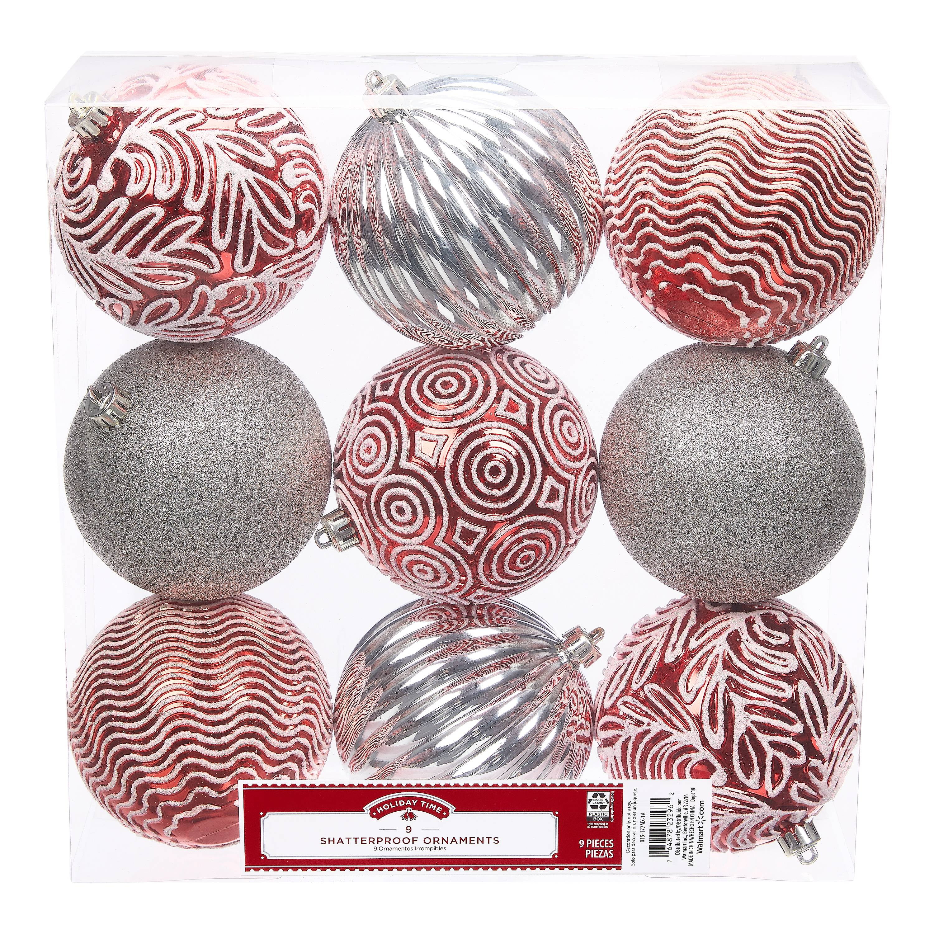 Holiday Time Shatterproof Ornaments, 9Count, Red Silver White