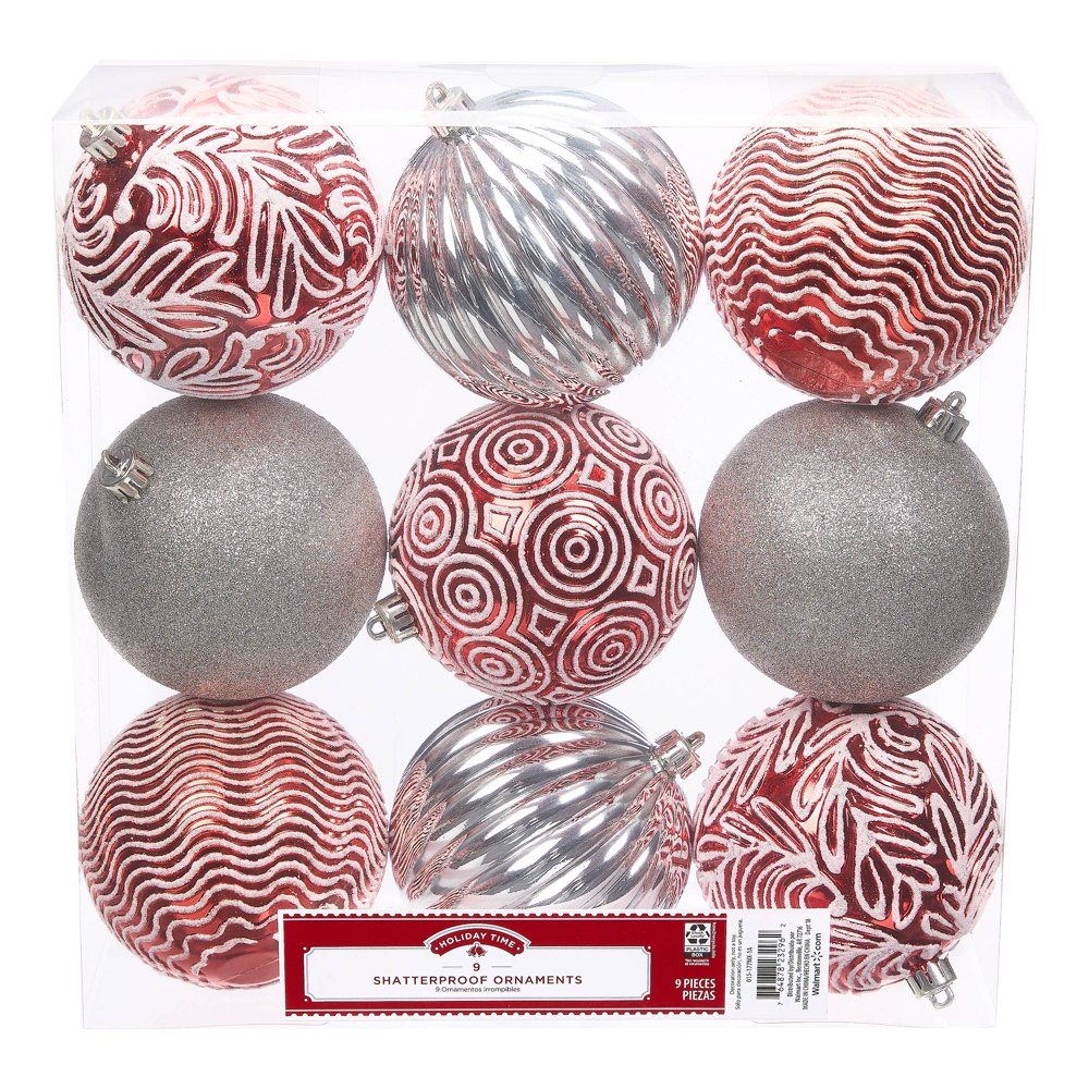 Holiday Time Shatterproof Ornaments, 9Count, Red Silver White