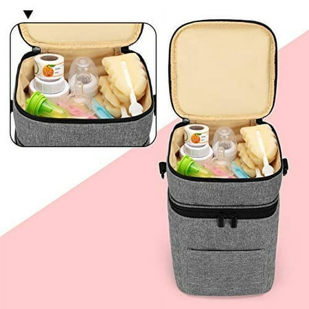 Luxja Double-Layer Breastmilk Cooler Bag (Fits 4 Bottles, Up to 9 Ounce), Breastmilk Cooler for Breastmilk Bottles and Accessories (Bag Only), Gray