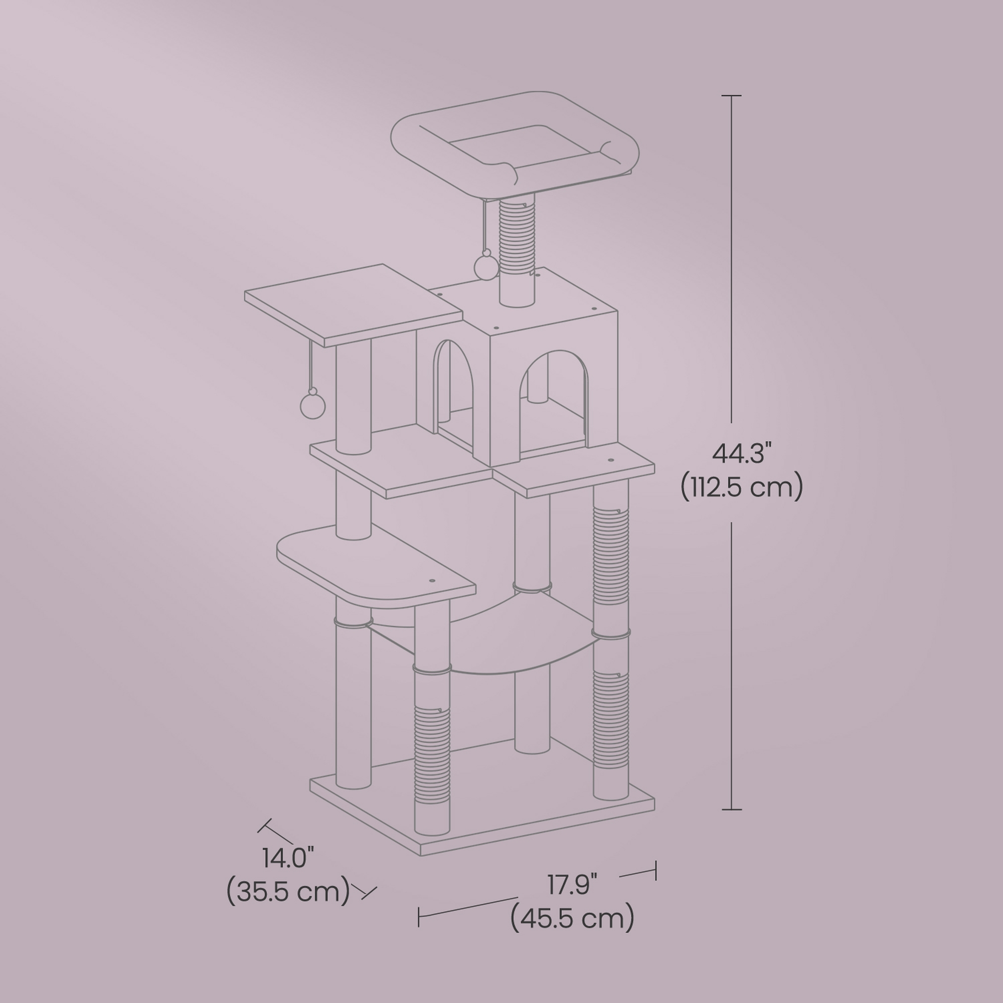 LEDREM 44.1-Inch Multi-Level Cat Tree with Hammock, 2 Perches & Cave, 4 Scratching Posts & Pompoms for Indoor Cats, Light Gray