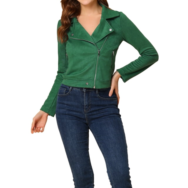 INSPIRE CHIC Veste de Moto pour Femme en Faux Suède Couleur Unie Veste à Fermeture Éclair Asymétrique TP Vert