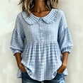 thumbnail image 2 of BODOAO Women's 2026 Gingham Peplum Blouse, 3/4 Puff Sleeve Button Down Shirt, Lightweight Breathable Loose Fit Cute Casual Top for Summer Fall Daily Wear Outfits Blue L, 2 of 4