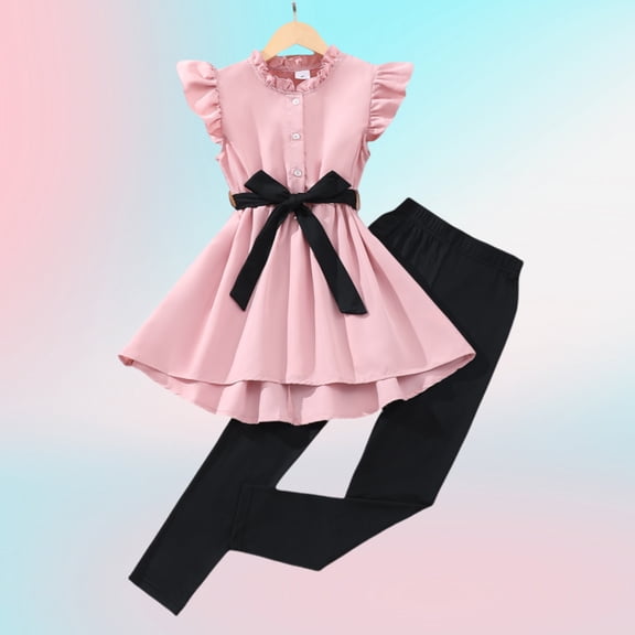 Big Girls Pants Set Outfits Set Sleeveless Matching Sets Summer Ruffle Sleeve Girls Outfit Set Stylish Top And Solid Pants For Casual Beach School Perfect For Ages 8 To 12 Clothes Set Pink 9-10 Years