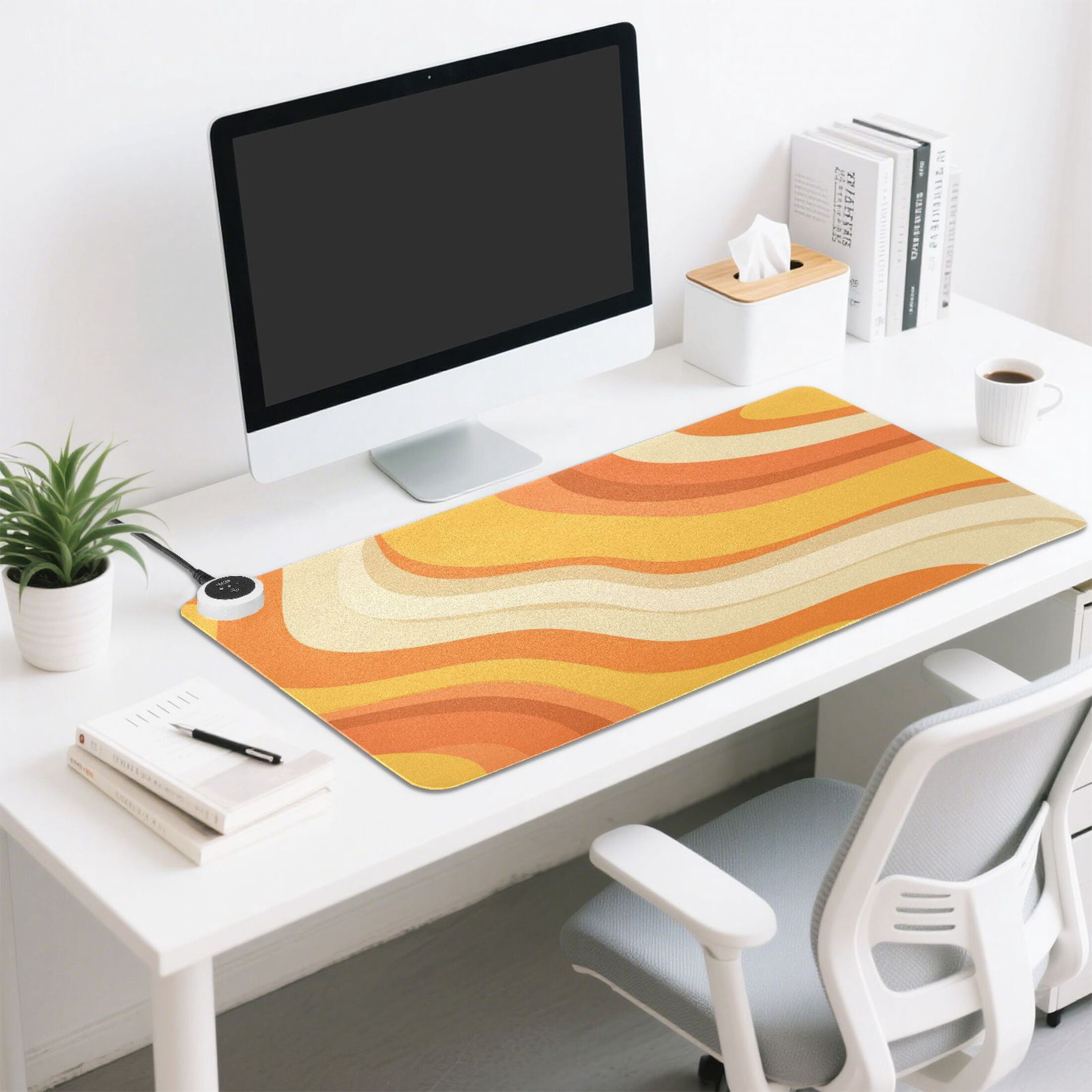 Large Heated Desk Mat Mouse Pad 31.5"x13"PU Leather Graphene Heating Desk Warmer with 3 Temperature Settings 110V US Plug Non-Slip Warm Pad for Home, Office, and Gaming Orange Color Clash Pattern