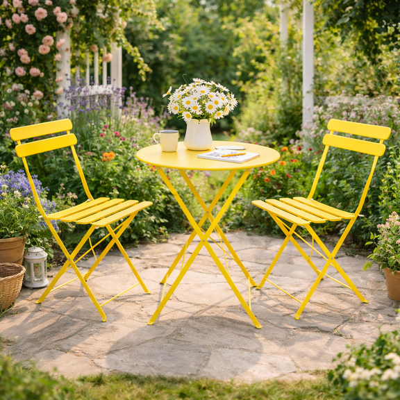 Bananova 3 Piece Outdoor Folding Bistro Set, Metal Patio Table and Chairs Set, Round Garden Table with 2 Folding Chairs for Patio Balcony Yard, Pink