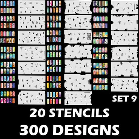 Custom Body Art Airbrush Nail Stencils - Design Series Set # 9 includes 20 Individual Nail Templates with 15 Designs
