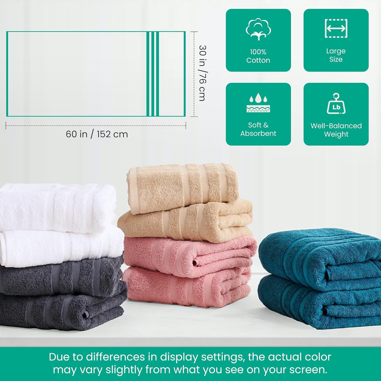 Bath Towels 2 Pack, 30 x 60 Inches, Large 100% Cotton Towels, Soft, Absorbent, Comfortable for Home, Spa, and Gym, (White)