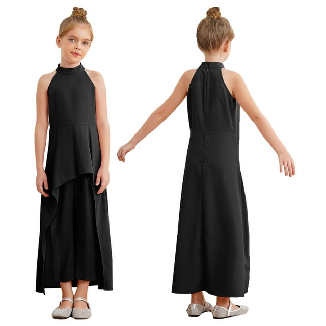 Mufeng Combinaison Short pour Fille Robe Décontractée Combinaison Sans Manches Pantalon Évasé Pattes d'Éléphant Jupe Asymétrique Haute-Basse Noir 8