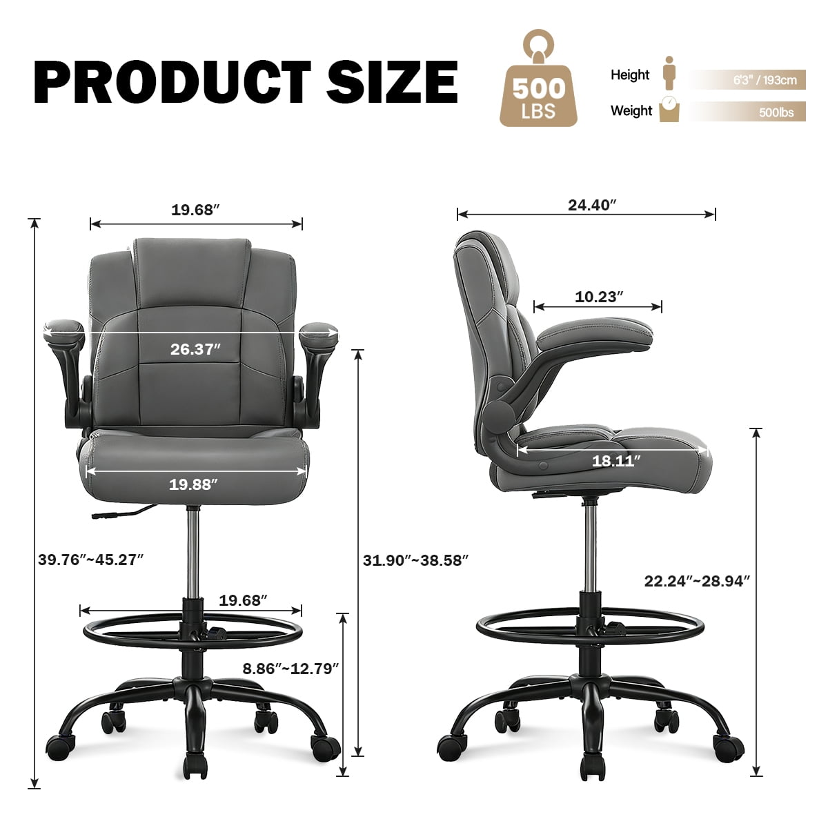 JONPONY 500 lbs Tall Office Chair with Flip-up Armrests for Standing Desk Executive Ergonomic Computer Leather Desk Chair with Lumbar Support, Adjustable Foot Ring for Home,GREY