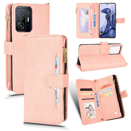 Case for Xiaomi MI 11T/11T PRO Cover Zipper Magnetic Wallet Card Holder PU Leather Flip Case - Pink