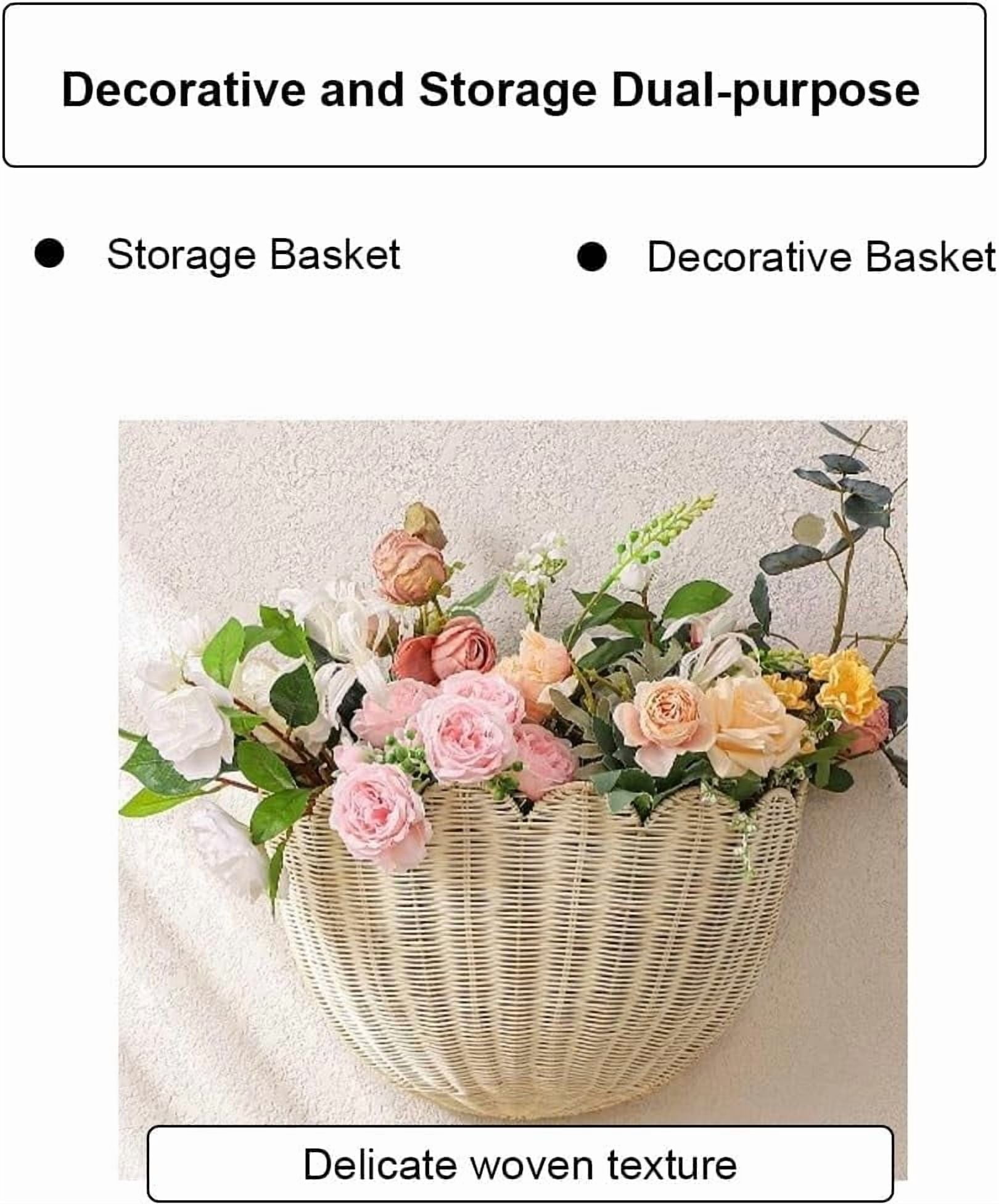 Hand Woven Rattan Wall Baskets, Scalloped Wicker Hanging Basket with Metal Frame & Hook, Minimalist Wall Decor for Home, Entryway, Kitchen, Living Room(14"x6"x8", 1Pcs)