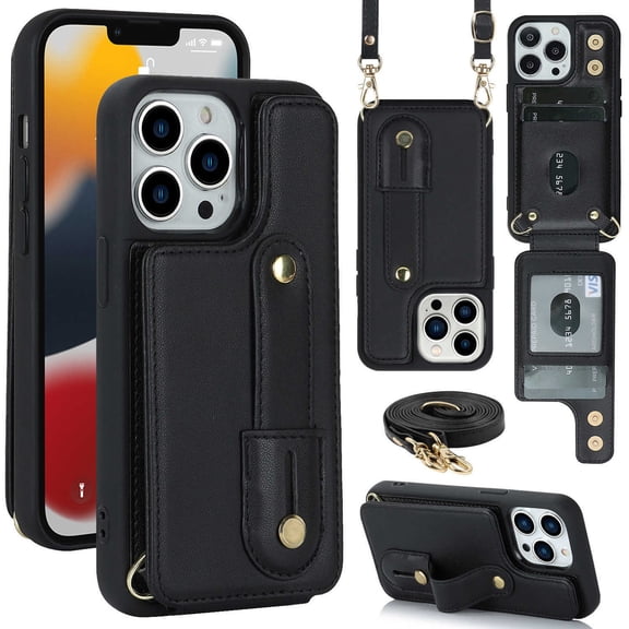 for iPhone 13 Pro Case with Card Holder Crossbody Lanyard Strap Leather Wallet Case with Magnetic Clasp Kickstand Heavy Duty Protective Back Flip Phone Cover for Women,Black