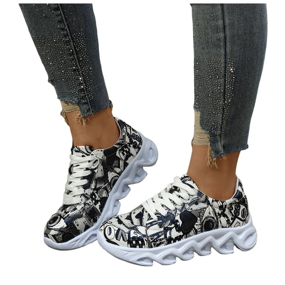 HEWUQI Womens Platform Slip on Animated Patterns Running Shoes Breathable Walking Lightweight Gym Workout Non Slip Fashion Sneakers Black Size 6.5