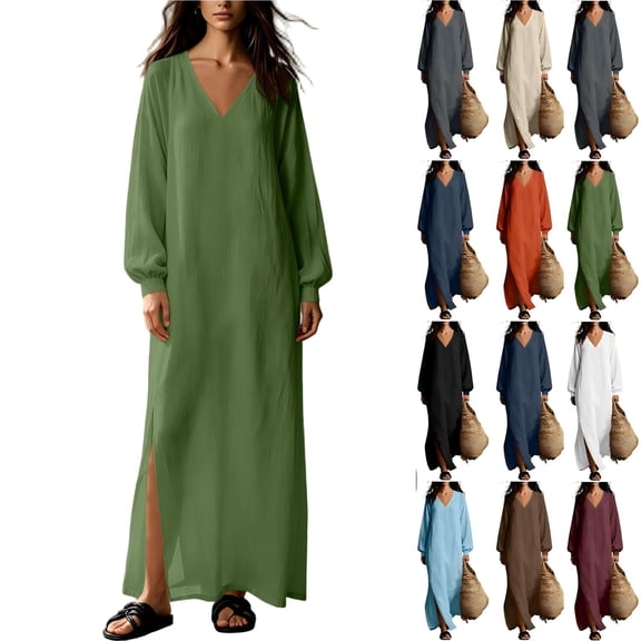 Tqcoqu Cotton Blend Casual Beach Vacation Long Tunic Dress for Women,Loose Side Slit Lightweight Long Sleeve Linen Maxi Dress