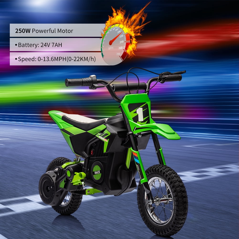 Kicctian 24V Kids Electric Dirt Bike, 250W Motor Off-Road Motorcycle with Metal Suspension, Leather Seat, Air-Filled Tires, Twist Throttle, for Ages 8-12, Green