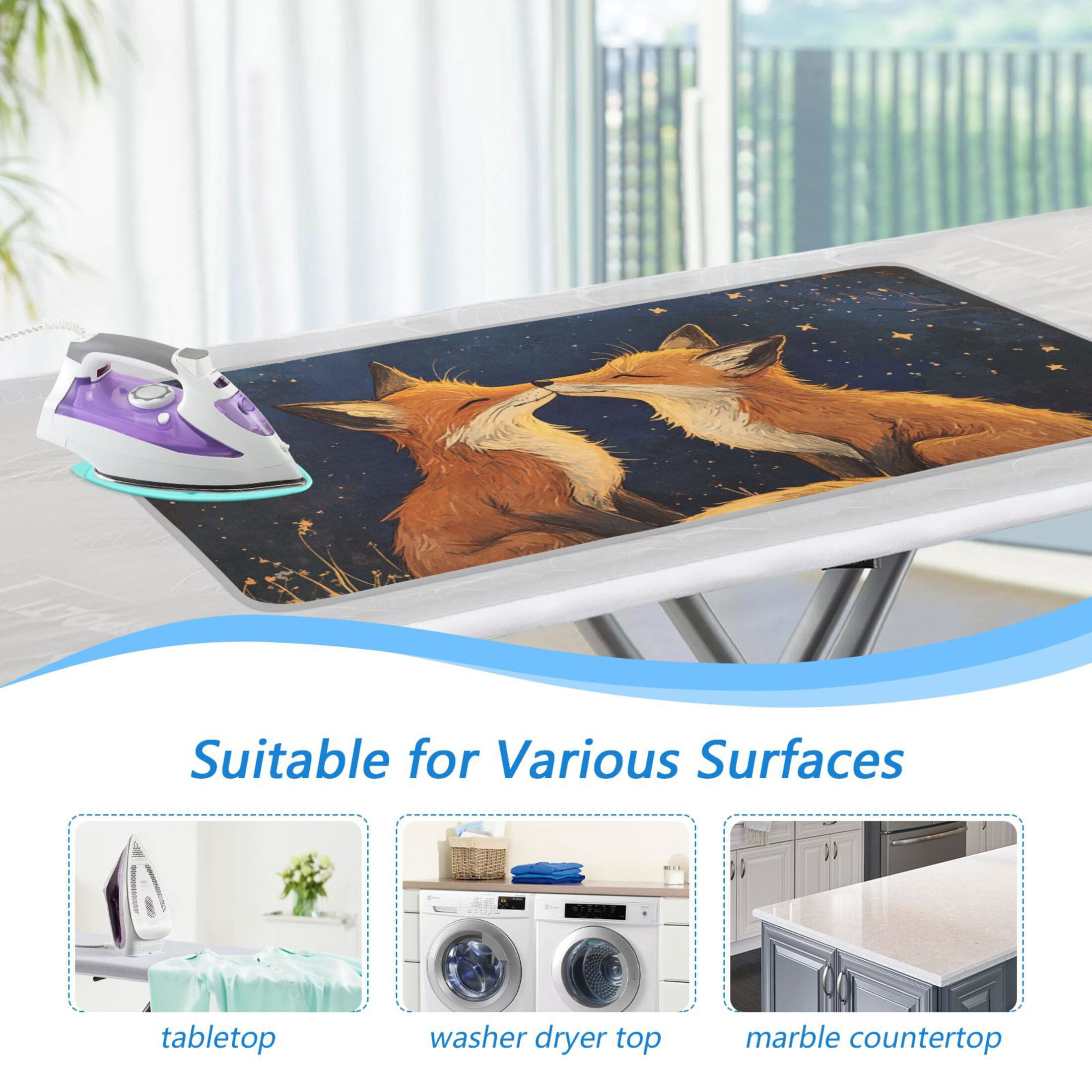 Foxes Kiss under Starry Night Valentine Ironing Mat Blanket Portable Travel Ironing Pad Heat Resistant Pad 47.2" x 27.6”