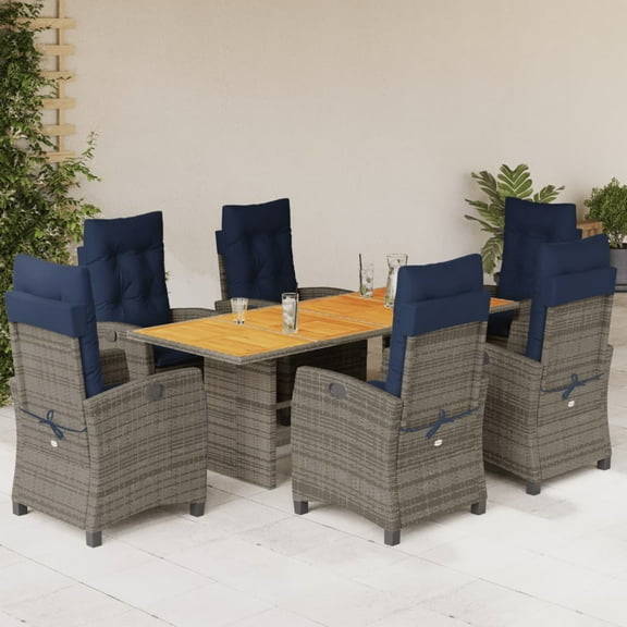 vidaXL 7 Piece Patio Dining Set with Cushions Gray Poly Rattan
