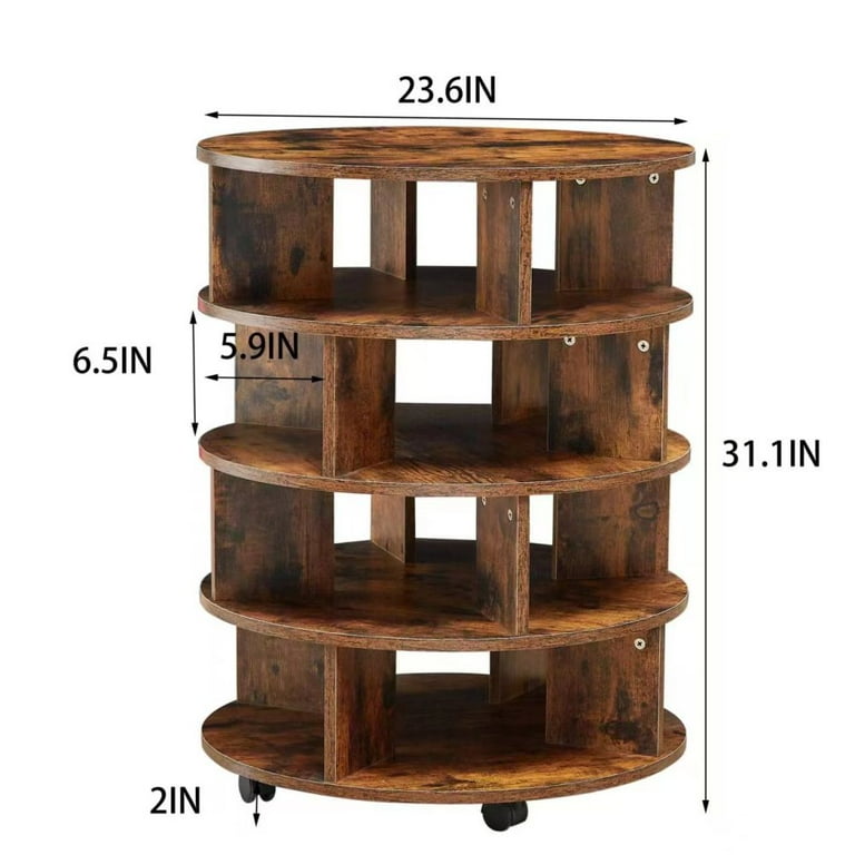 Wooden Rotating Shoe Rack Tower 4 Tier Revolving Shoe Storage with 4 Wheels 360 Spinning Wood Round Shoe Rack for 16 Pairs Shoes Brown