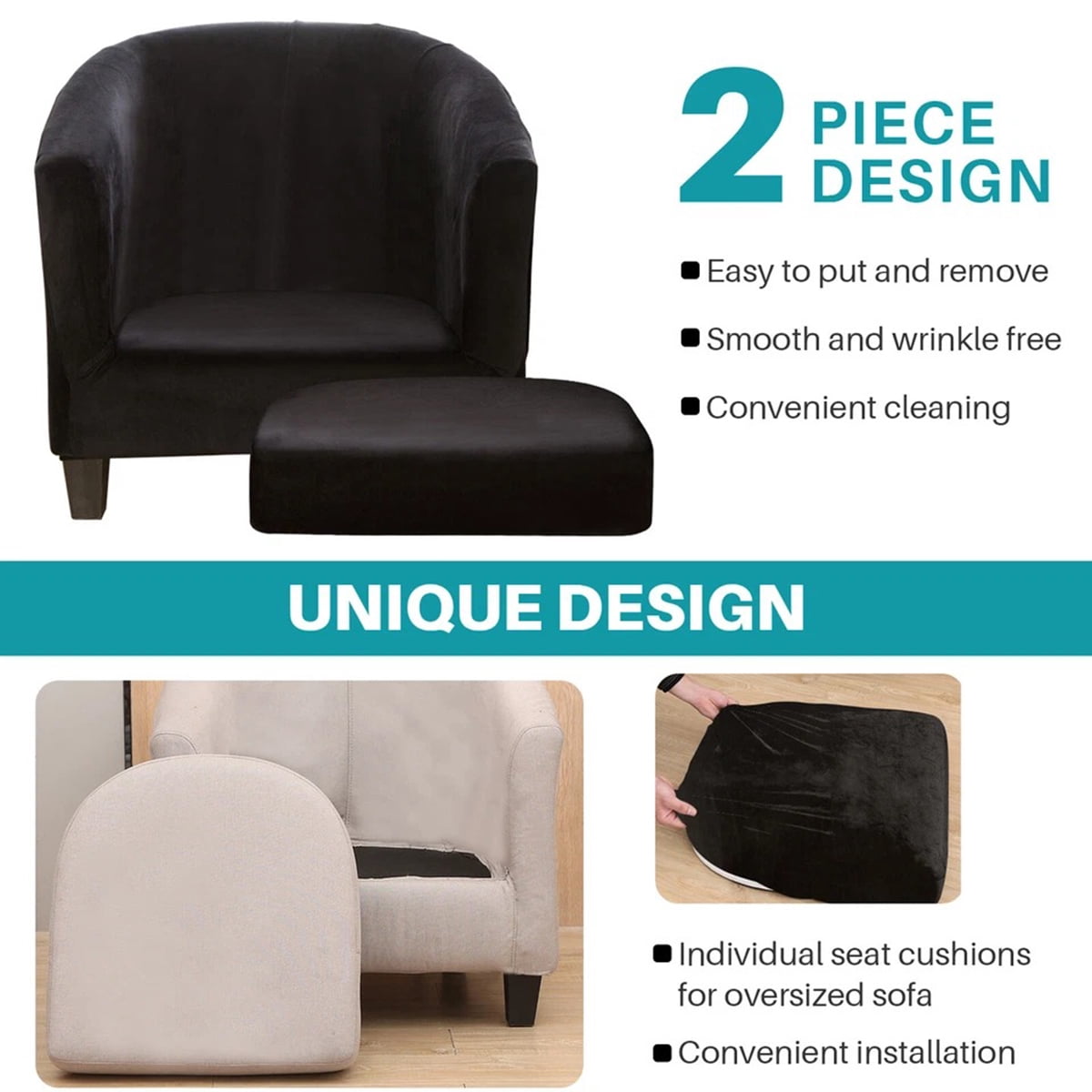 Eurhowing Stretchable Tub Chair Slipcover, 2-Piece Velvet Soft Armchair Cover with Cushion Cover, Elastic Fit Club Chair Sofa Couch Slipcover, 2-Pack, Black