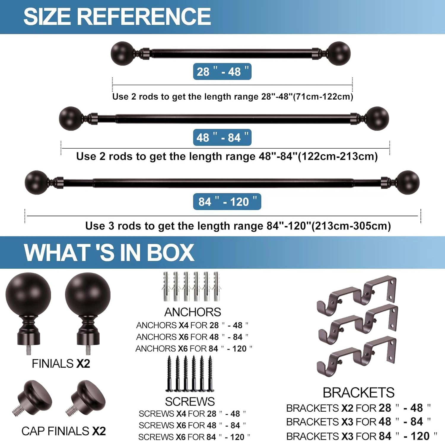 Urbanest Adjustable Double Curtain Rod Set Steel Ball Flat Button Finials – 1″ Front & 5/8 Back Rod With Bronze Rod, 84–120 Inches