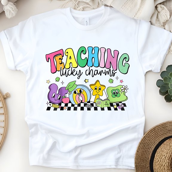 Teaching Lucky Charms Rainbow St. Patrick’s Day Teacher Shirt , White, Size S