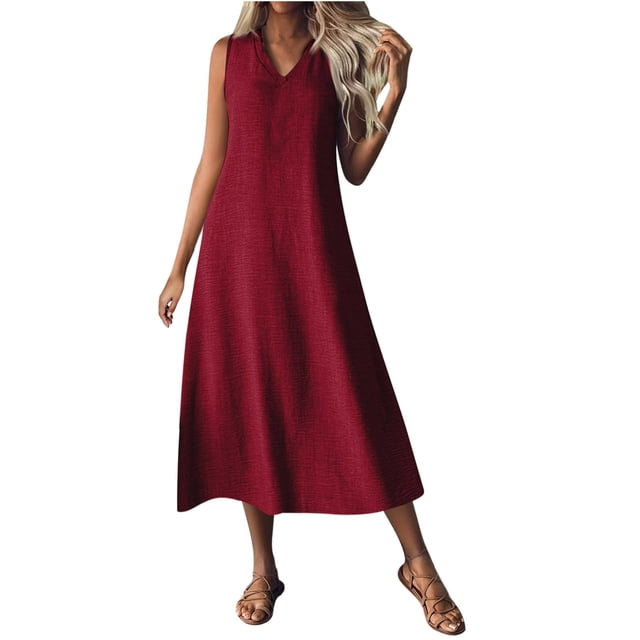 Mgmyaa Robe Longue Décontractée pour Femmes Été Sans Manches Col en V Robe Maxi Fête Mariage Vacances Plage Robe d'Été