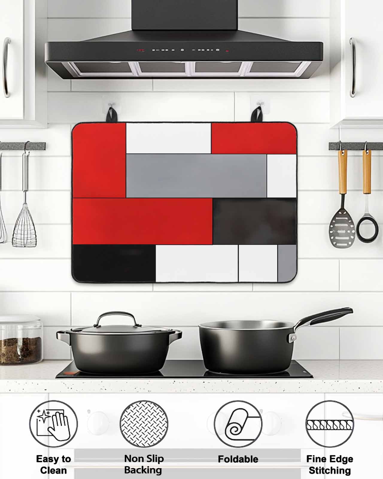 Stove Top Covers for Electric Stove 36x21 Inches, Red Black Grey Heat Insulation Fireproof Glass Cooktop Protector, Modern Irregular Geometric Abstract Countertop Stovetop Cover for Kitchen