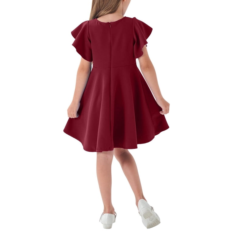 Naisibaby Girls Flare Dress, Solid Color Ruffled Sleeve Summer Casual Princess Dress Wine 7-8t, Infant Girl's, Red